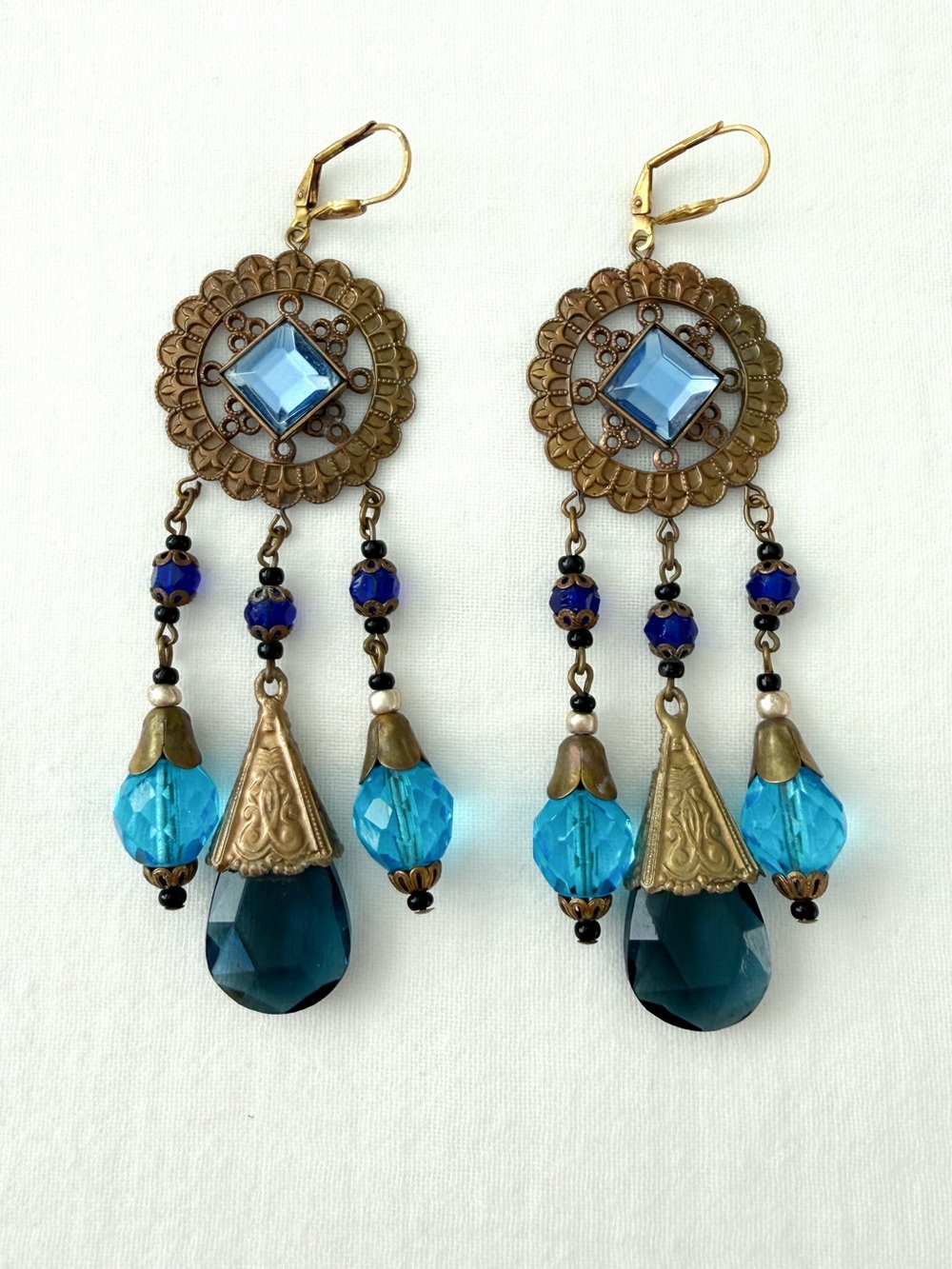 Vintage Czech Art Nouveau Ornate Brass & Blue Glass Statement Earrings